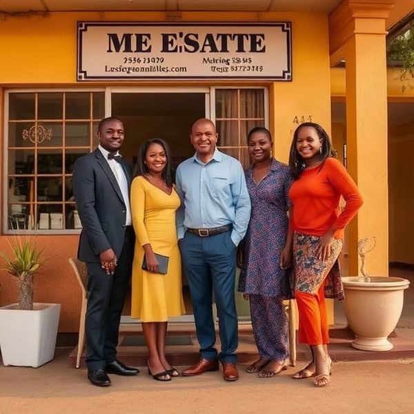 Small professional team outside a Malindi real estate office on Lamu Road in amber-gold morning light