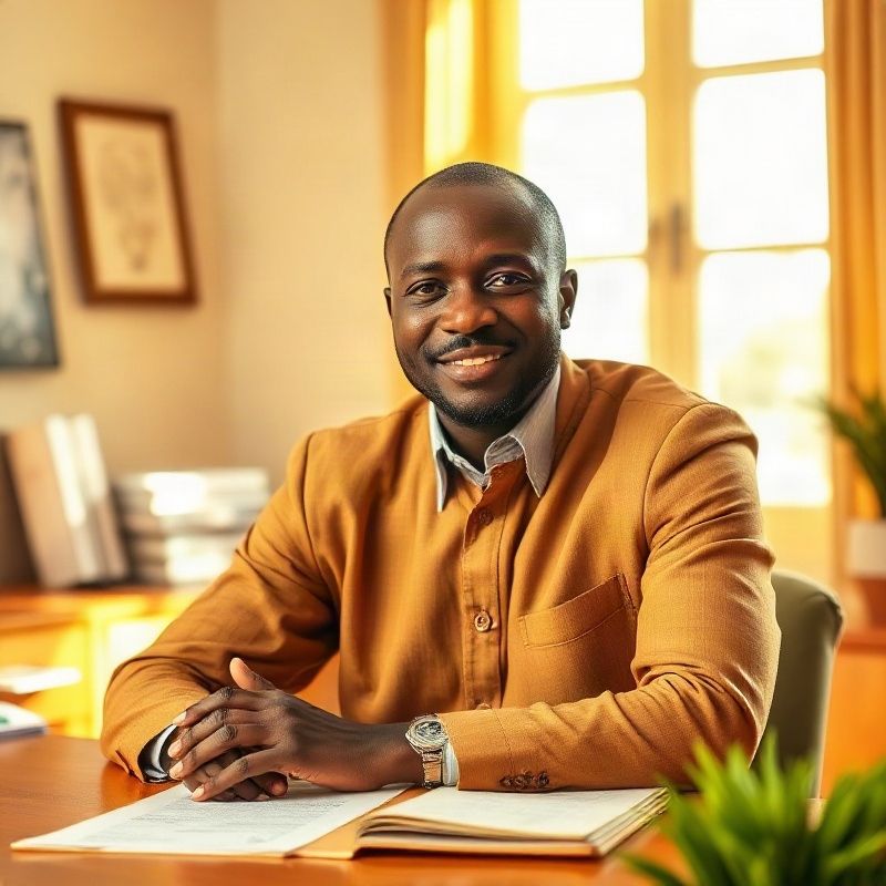 Close portrait of a Kenyan property professional at an amber-gold desk in a bright Malindi office