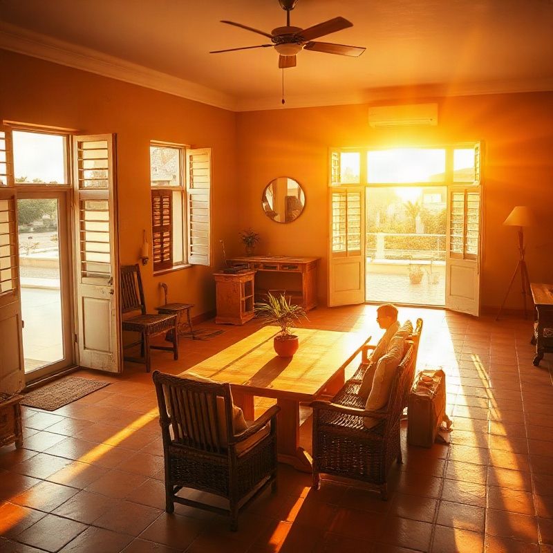 Sunlit open-plan interior of a Malindi coastal home with amber-gold light on terracotta tile floors