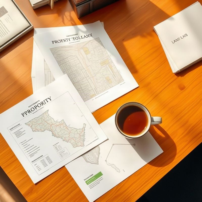Flat-lay of property documents, land registry map, and Kenyan coffee on an amber-gold timber desk