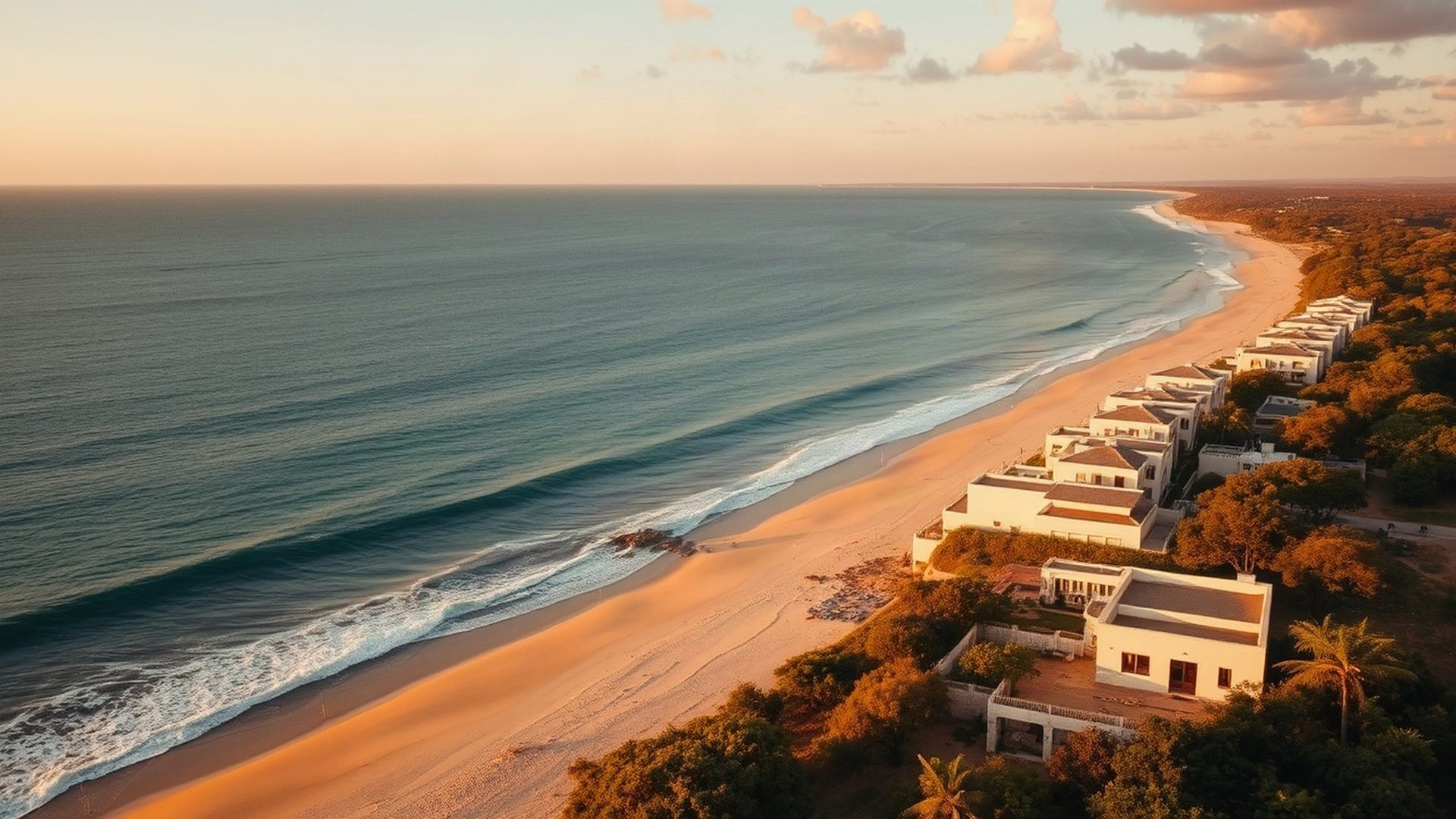 Aerial view of Malindi coastline at golden hour with amber-gold light on white coral-stone villas