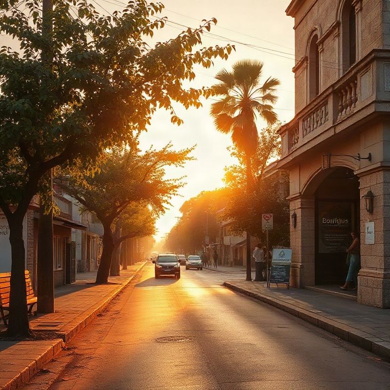Street-level view of Lamu Road Malindi in amber-gold morning light with boutique agency signage